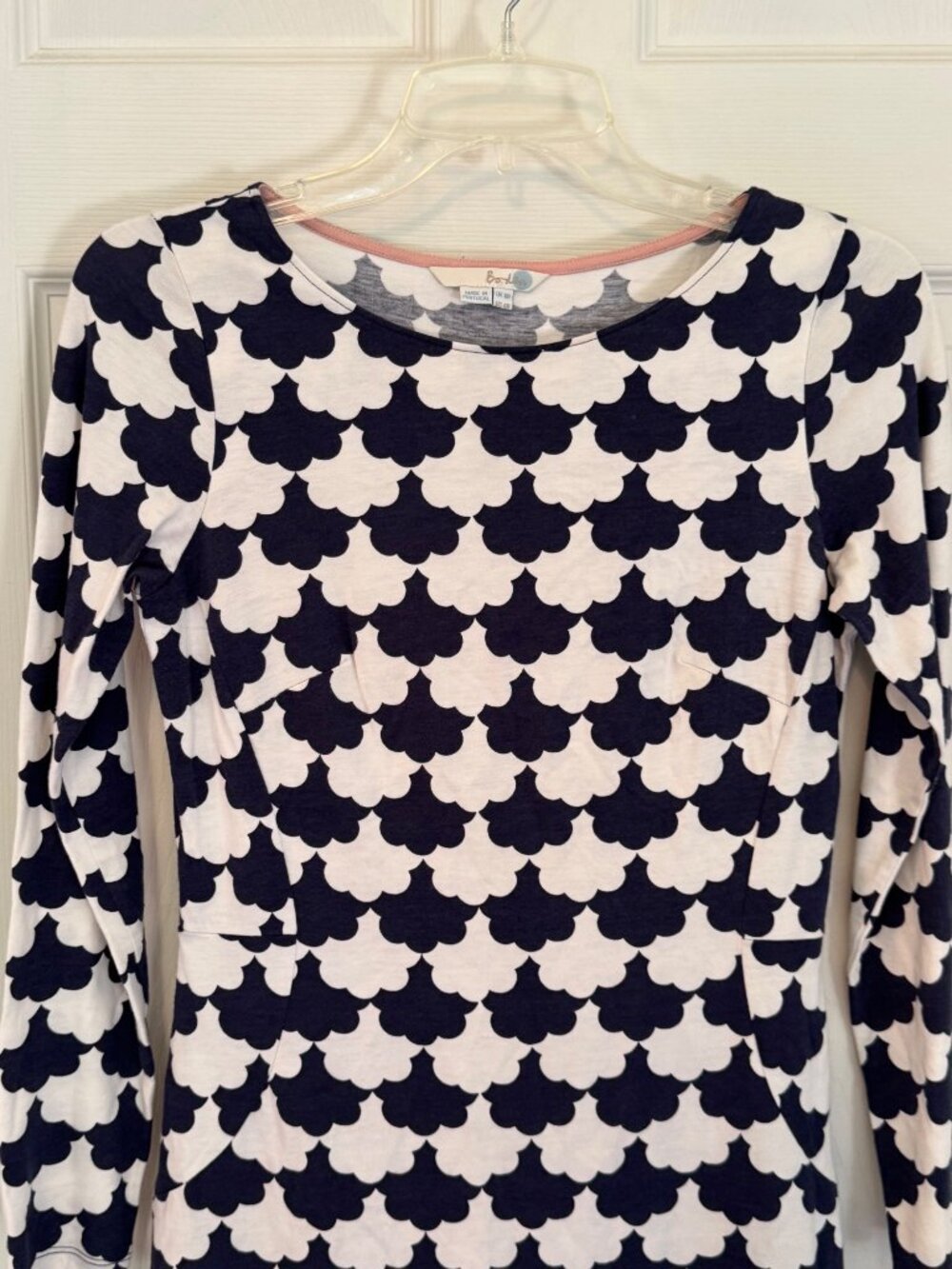 Boden Blue White Scallop Jersey Knit Tunic Dress Long Sleeve Sheath Mini US 4R - Picture 7 of 10